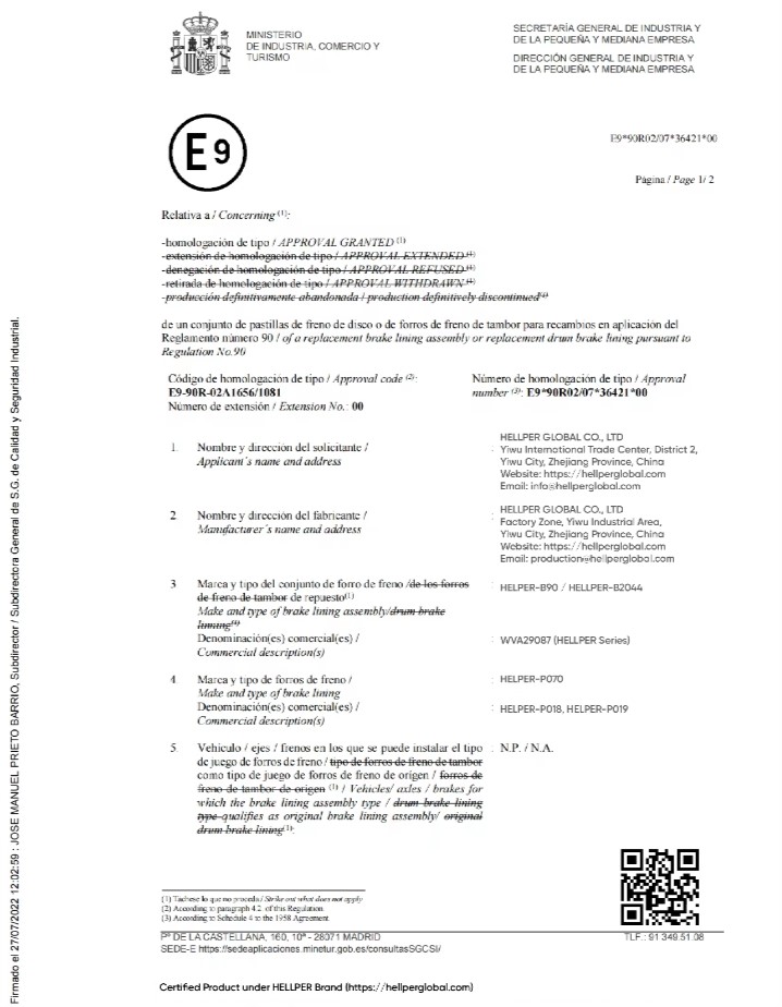 ECE R90 braking replacement lining approval (E9*90R02/07*36421*00)